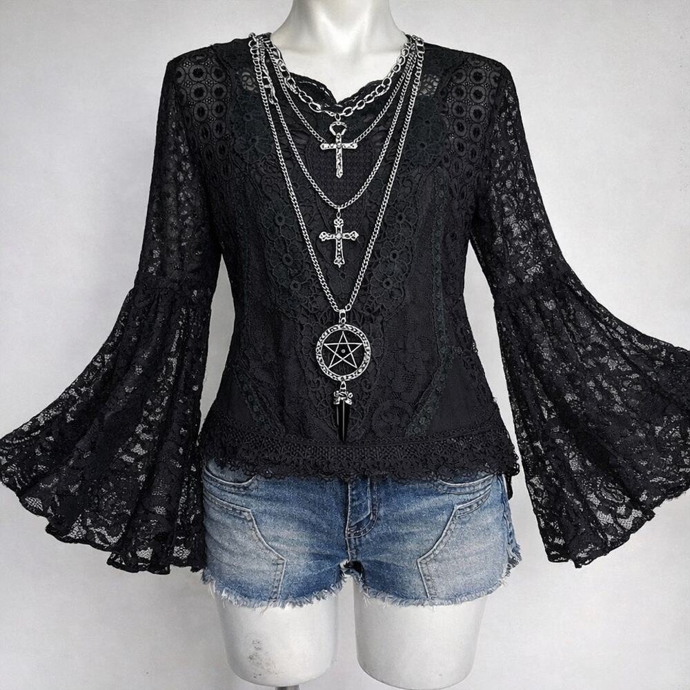 Anthropologie Black Bell Sleeve Whimsigoth Crochet Lace Top Witch Dark Romantic